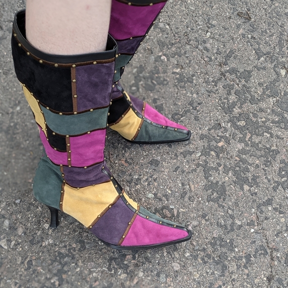 Vintage Patchwork Rainbow Clown Style Calf High Boots - Size 9.5W - Picture 4 of 8